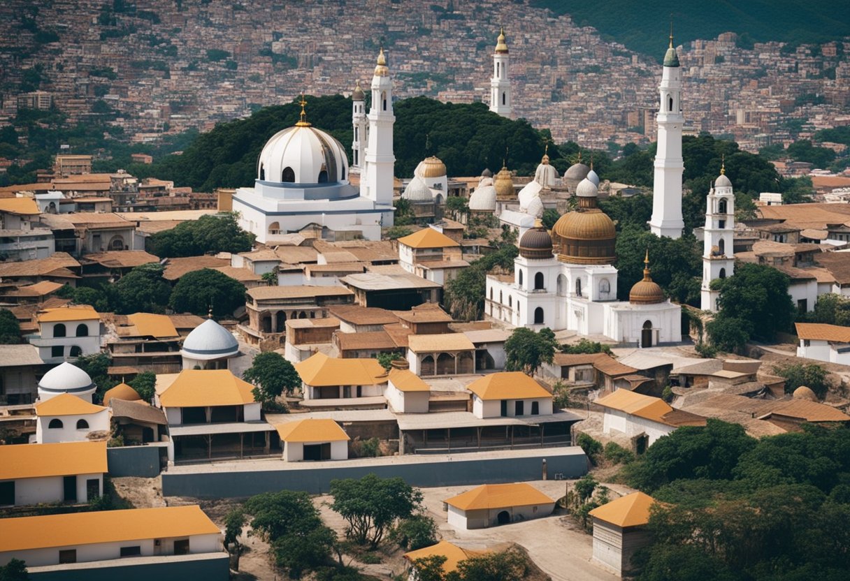 A diverse landscape with churches, mosques, and temples scattered throughout the country, representing the varied religious practices in Venezuela