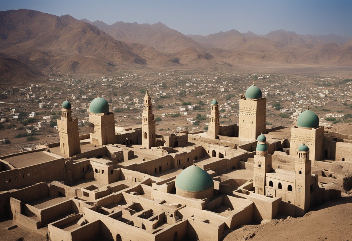 A diverse landscape with various religious symbols, including mosques, churches, and temples, scattered across the Yemeni countryside