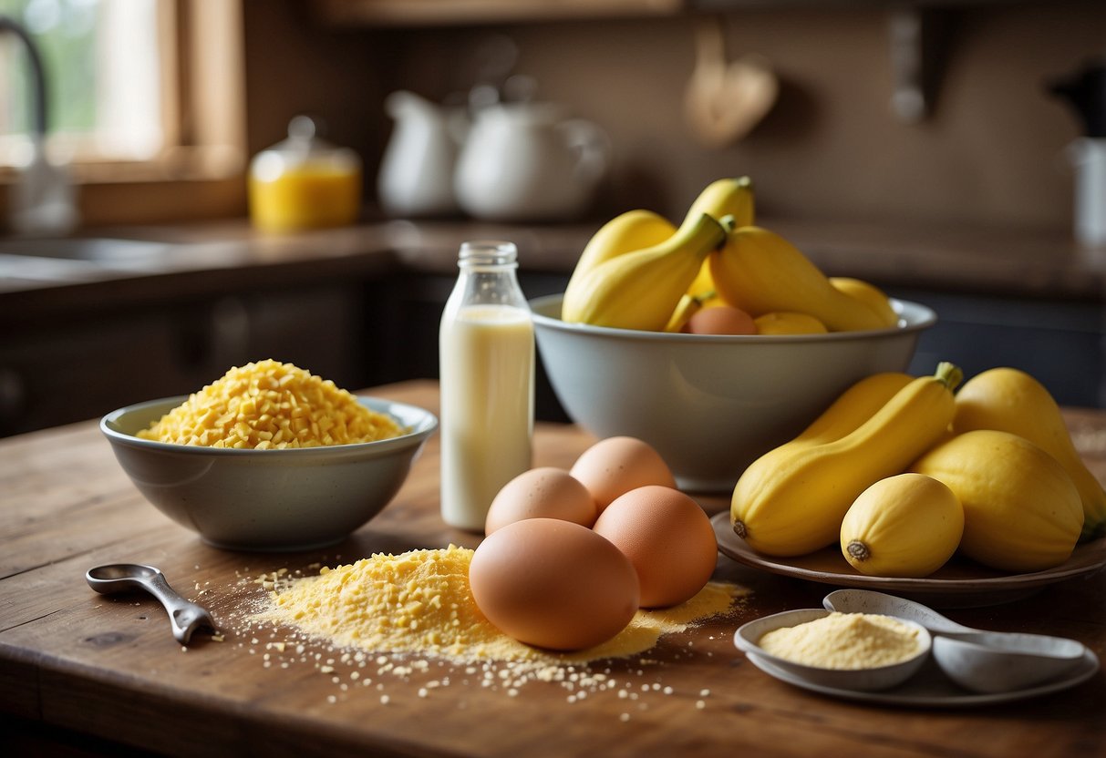 A pile of fresh yellow squash, flour, eggs, and a bowl of milk sit on a wooden table, surrounded by a grater, mixing bowl, and measuring cups
