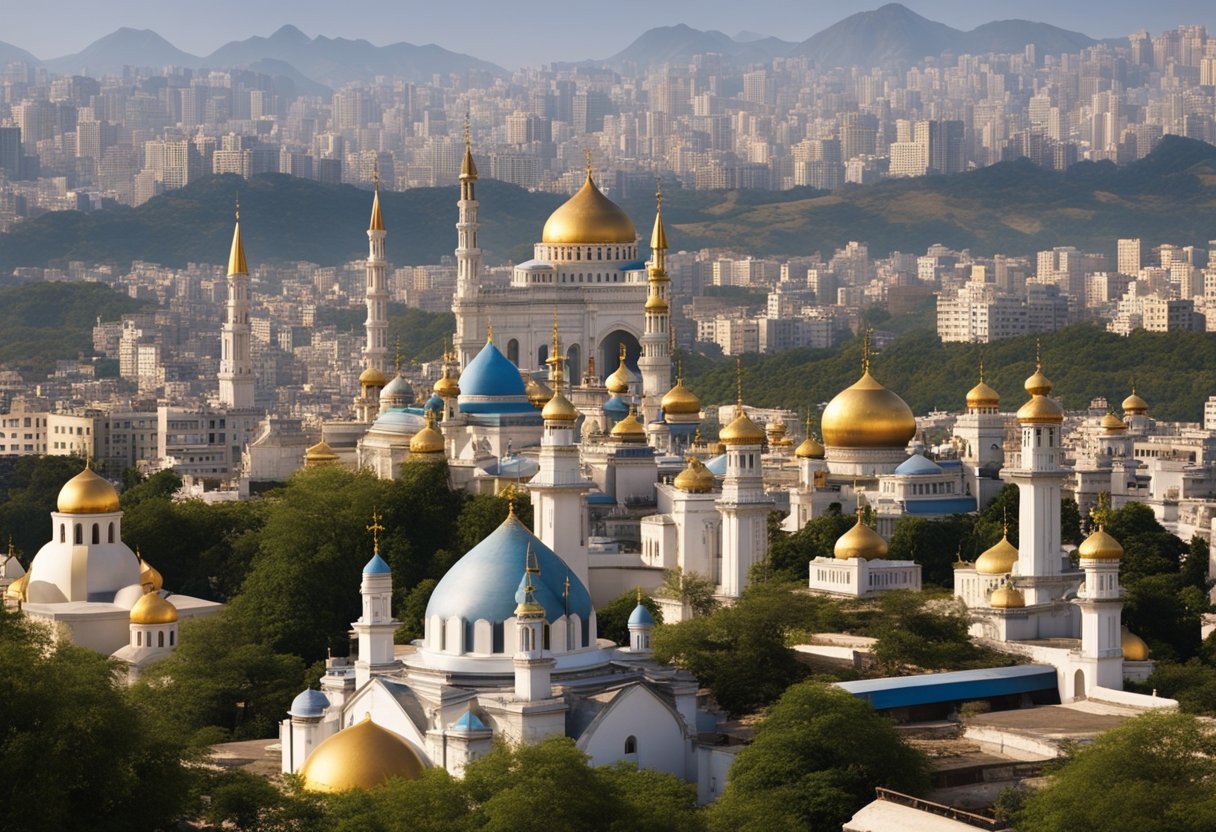 A diverse landscape with various religious symbols adorning the skyline, including churches, mosques, temples, and traditional shrines