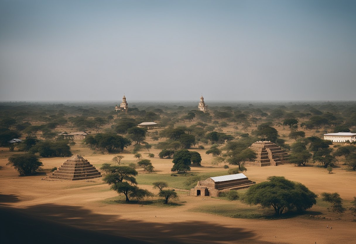 A diverse landscape in Zambia with various religious symbols and places of worship, including churches, mosques, temples, and shrines