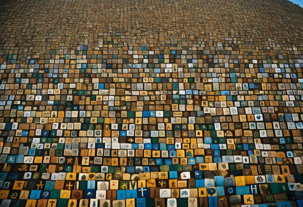 A colorful array of religious symbols adorns the landscape of Zimbabwe, including Christian crosses, Islamic crescents, and traditional African spiritual imagery