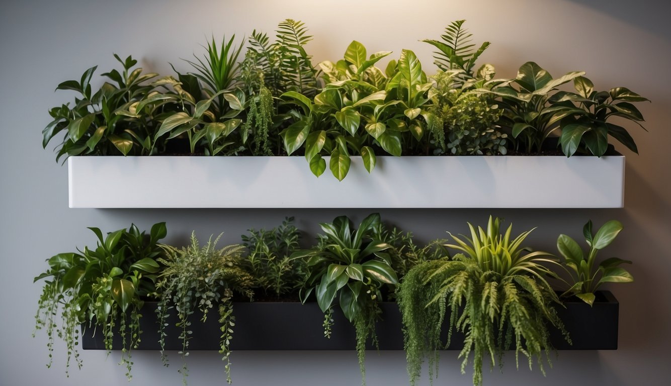 Lush green plants cascade from a sleek, modern wall planter, adding life and vibrancy to the indoor space