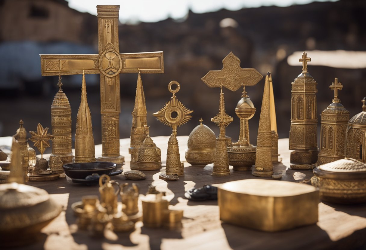 The scene shows various religious symbols and places of worship in Zimbabwe, representing the diverse religious landscape of the country