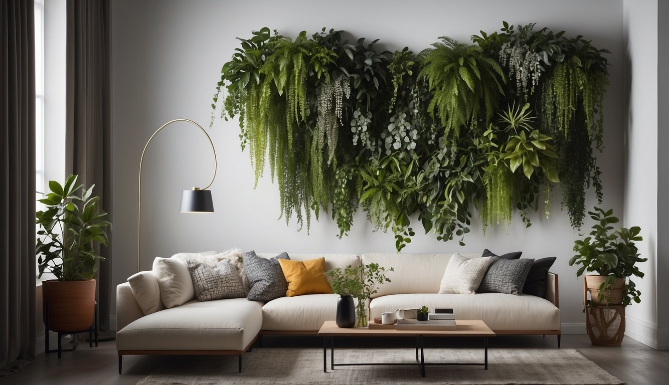 A modern living room with a sleek indoor wall planter filled with vibrant green plants, hanging against a clean white wall