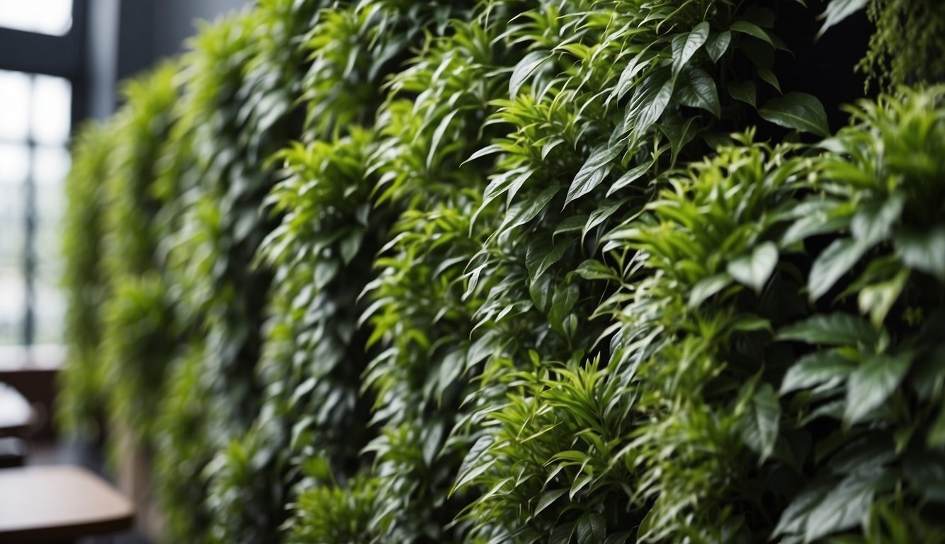 Lush greenery cascades down a vertical grid, creating a vibrant hanging plant wall