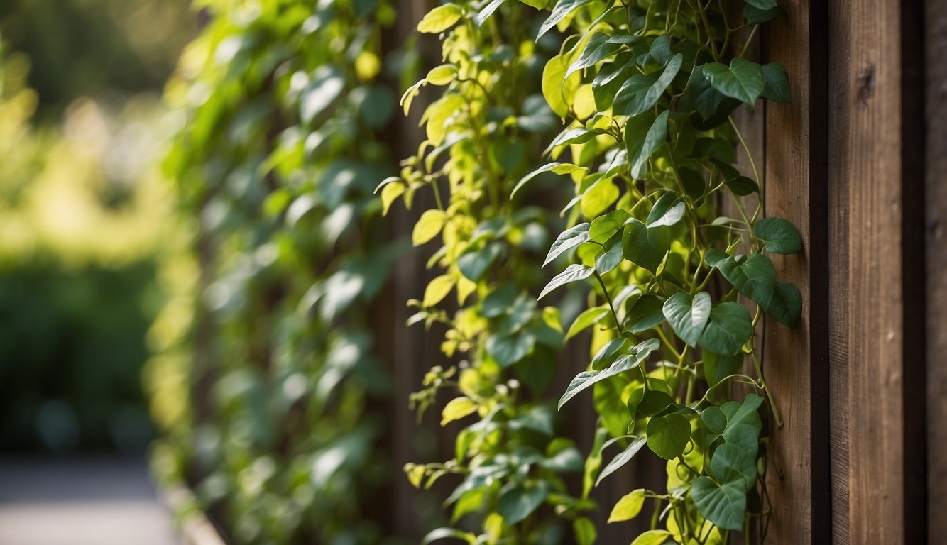 Lush green plants hang from a wooden trellis, creating a vibrant living wall. The plants are carefully spaced and secured, with trailing vines adding a natural touch