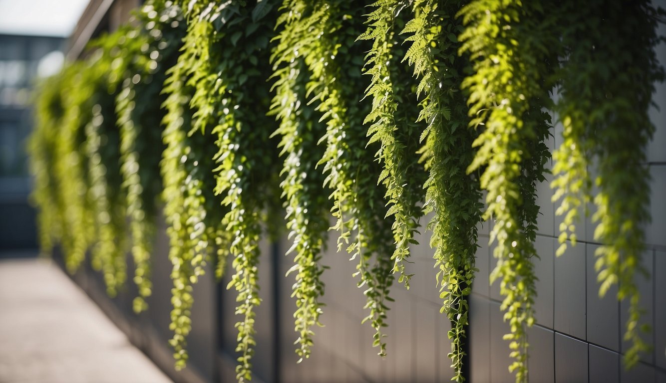 Lush green foliage cascades down from a grid of suspended planters, creating a vibrant and natural wall of hanging plants