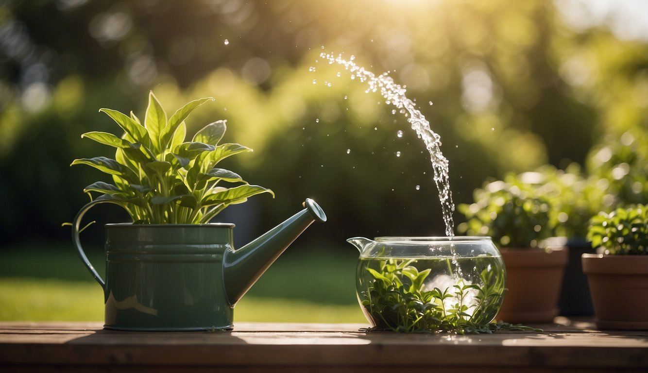 A watering pot pours water onto vibrant green plants in a sunny garden setting