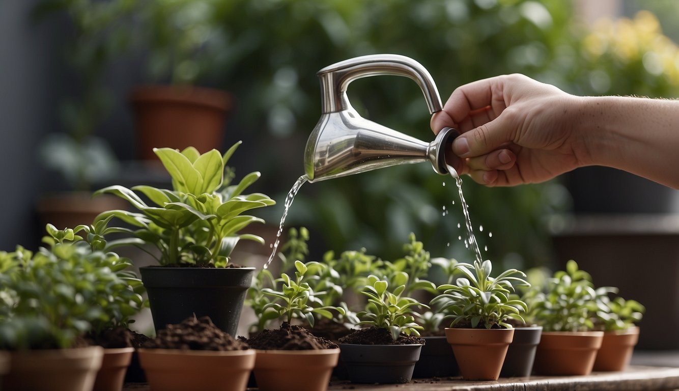 A hand holds a watering pot, tilting it over a potted plant. Water streams from the spout, nourishing the soil