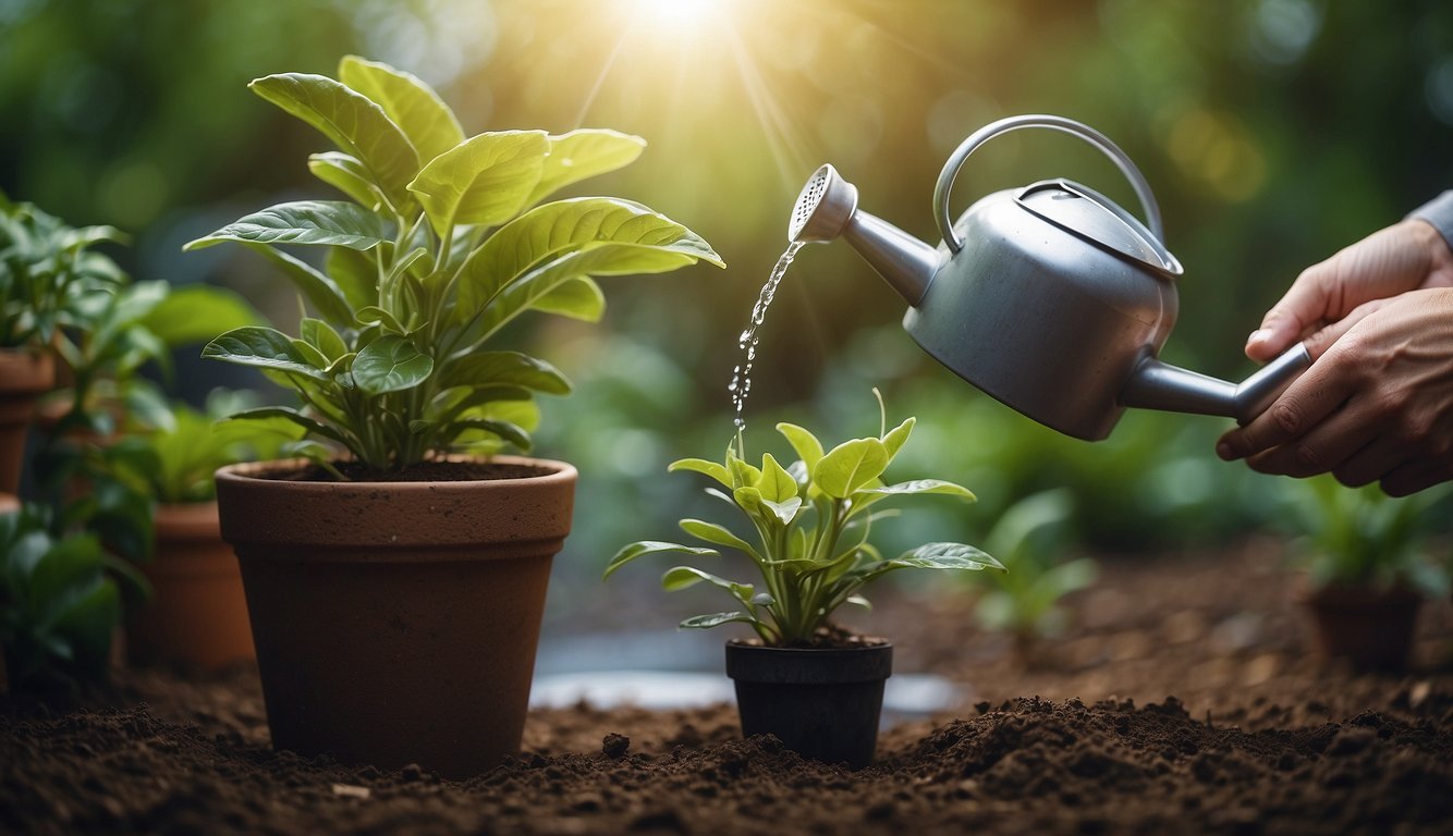 A hand reaches for a watering can, pouring water into a potted plant. The leaves glisten as the water nourishes the soil