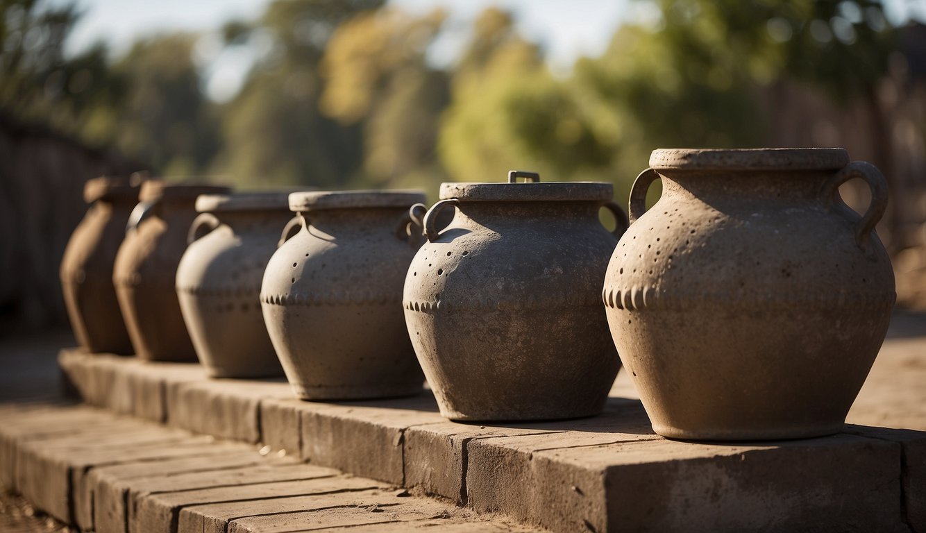 The water well pots sit in a row, each one weathered and worn from years of use. The sun casts shadows across their curved surfaces, highlighting the texture and character of each vessel