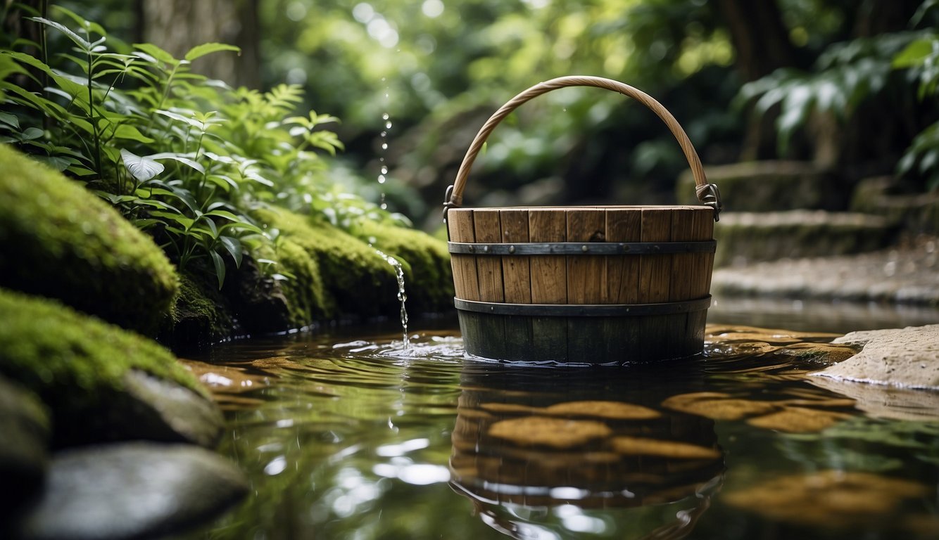 A wooden bucket is lowered into a deep stone well, surrounded by lush greenery and clear, flowing water