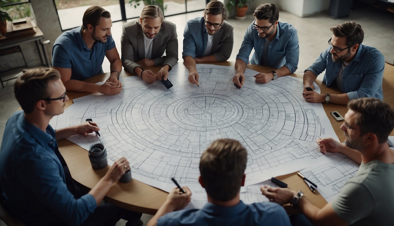 A group of engineers and designers are gathered around a table, sketching and discussing plans for a water well pot. Tools and blueprints are scattered across the table, and the room is filled with the hum of creative energy