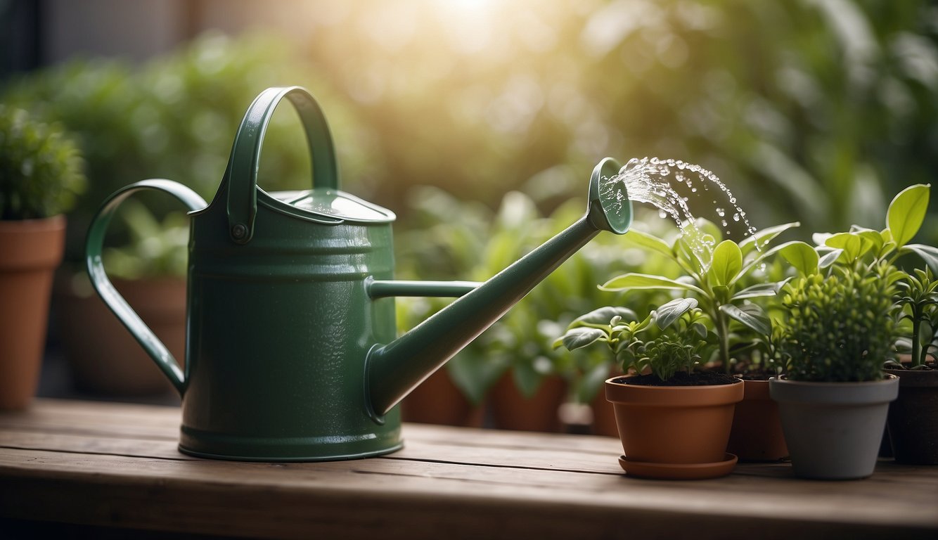 A watering can pours water into a pot with green plants