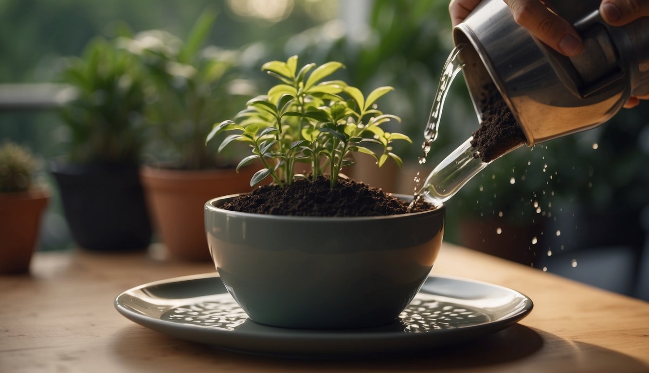 A hand pours water into a pot with soil and plants. The pot sits on a saucer to catch excess water