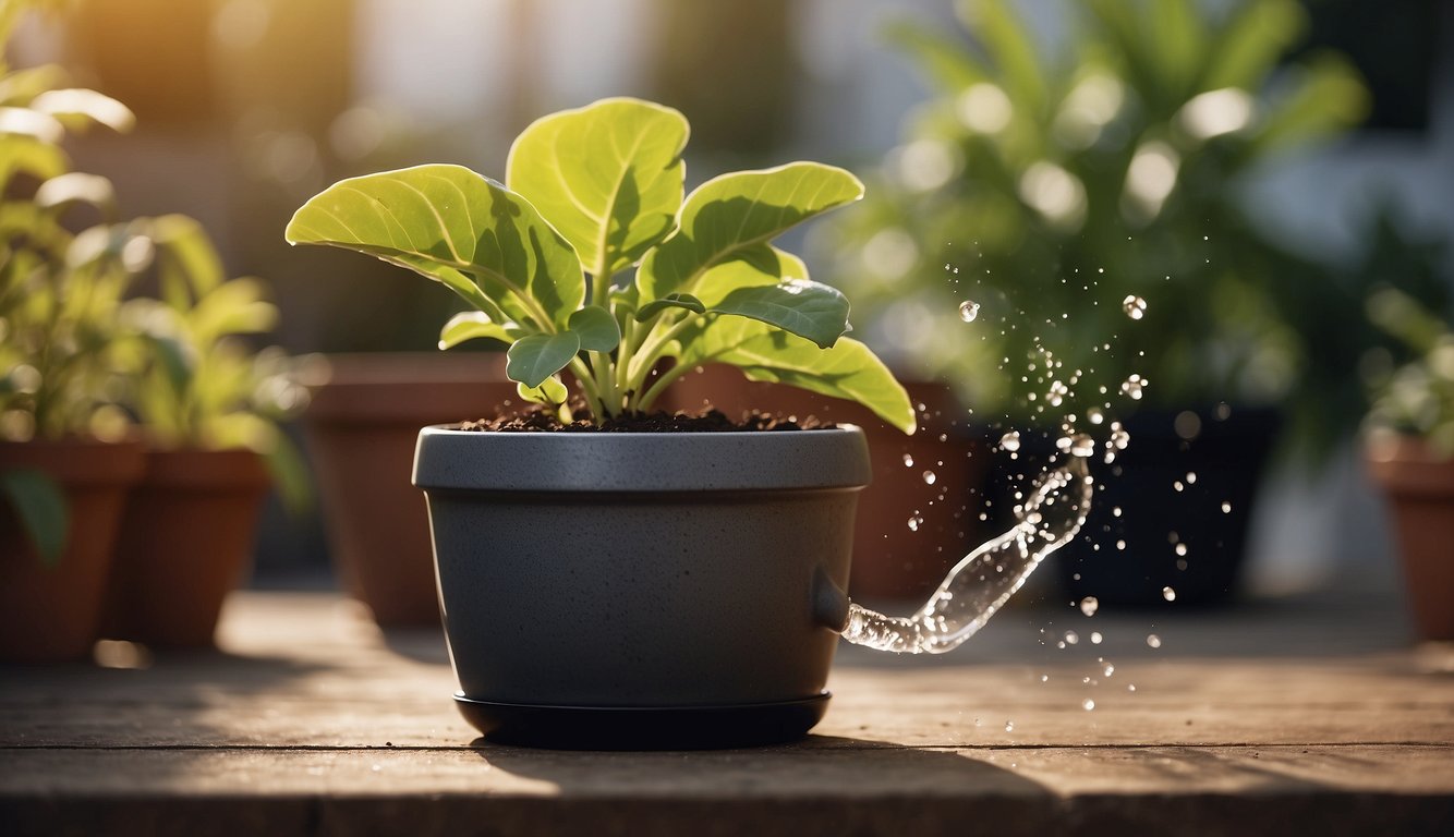 A plant pot with a built-in watering system, releasing water into the soil as needed