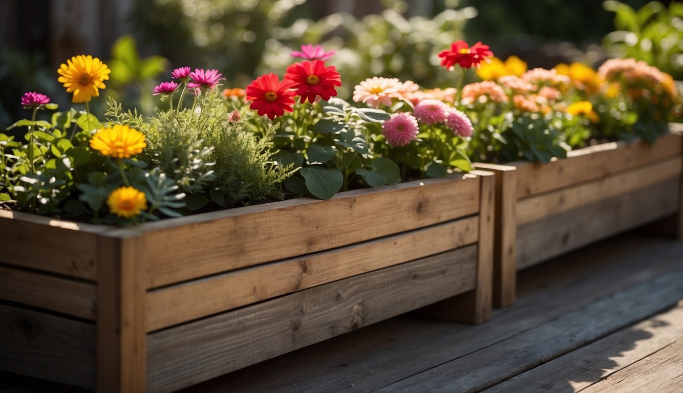 Wood planter boxes arranged in a row, filled with vibrant flowers and greenery. Sunlight filters through the leaves, casting dappled shadows on the weathered wood