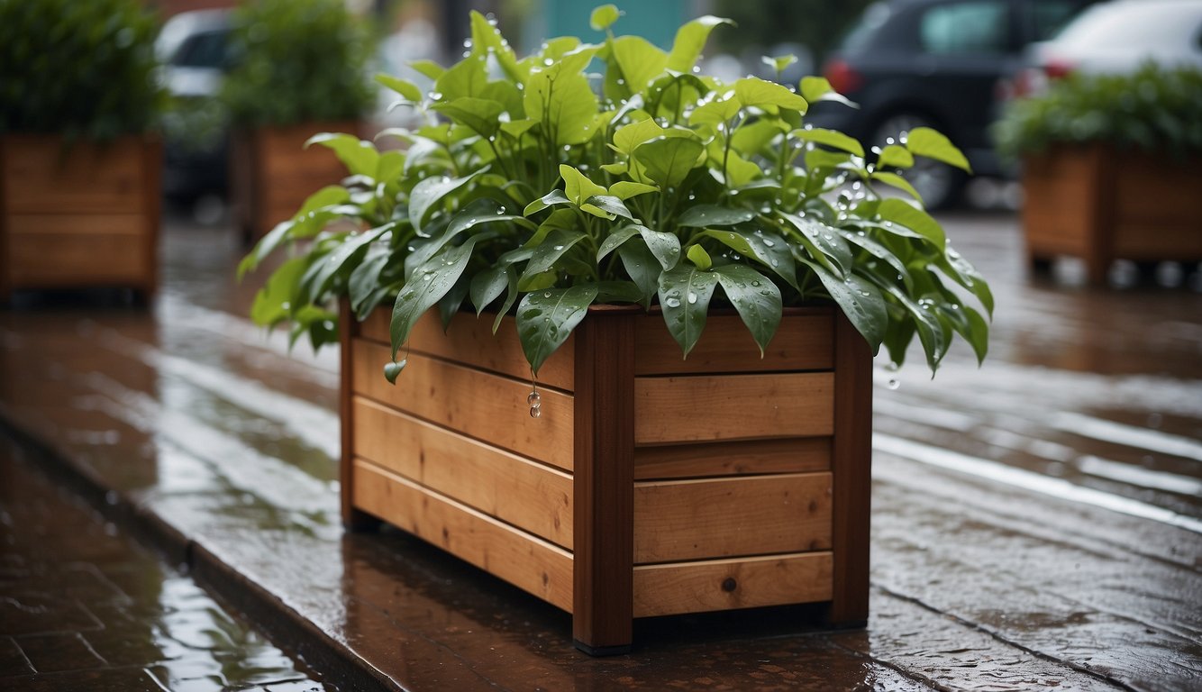 Wood planter boxes shielded by a clear, waterproof cover. Raindrops bead on the surface, while the wind gently rustles the leaves of the plants inside