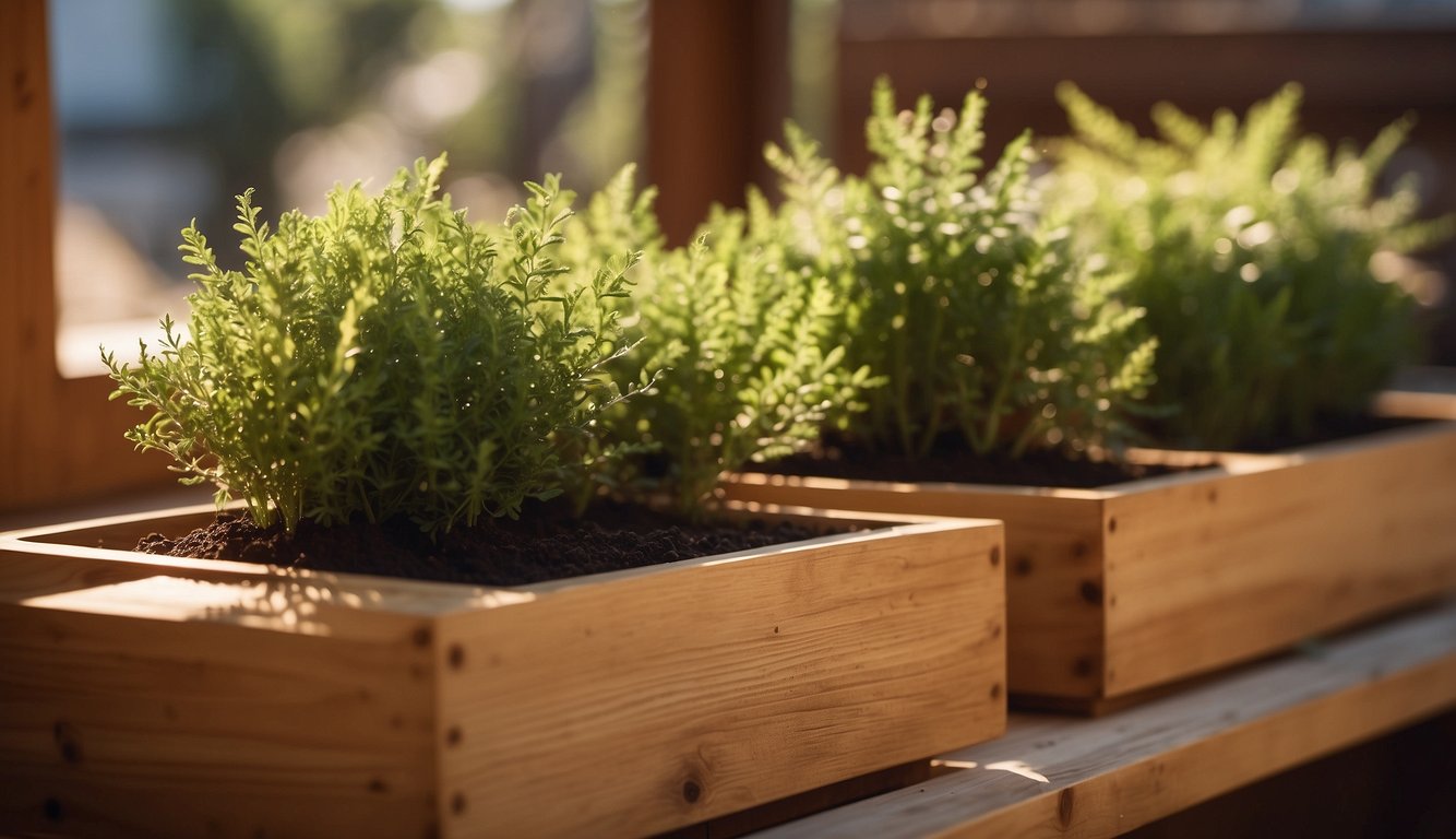 Wooden planter boxes being sanded, stained, and filled with soil and plants. Sunshine streaming in through a nearby window, casting a warm glow on the scene