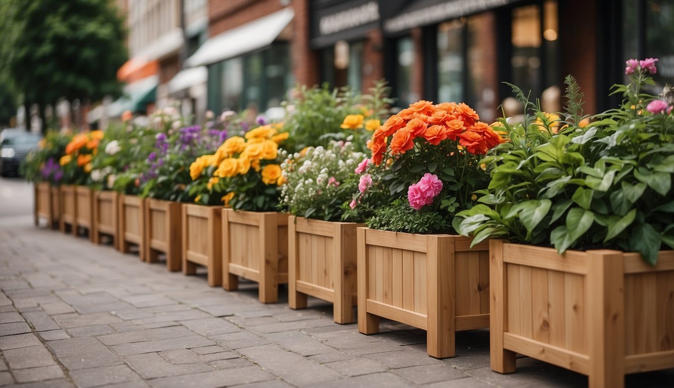 Several large wooden planter boxes stand in a row, filled with vibrant flowers and greenery, adding a natural touch to the urban landscape