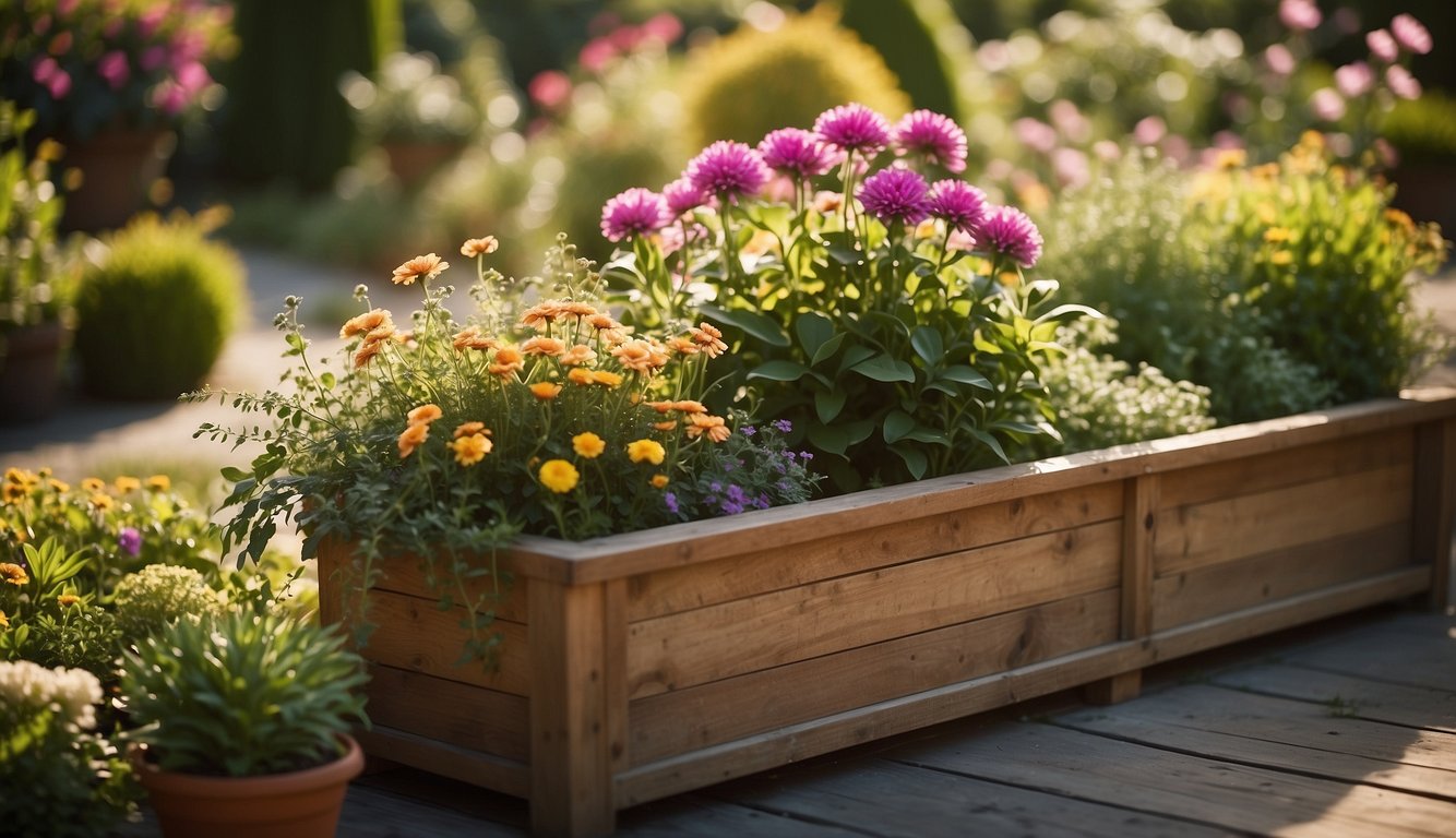 A large wooden planter box sits in a sun-drenched garden, overflowing with vibrant flowers and lush greenery. The box is well-crafted, with intricate detailing and a natural, weathered finish