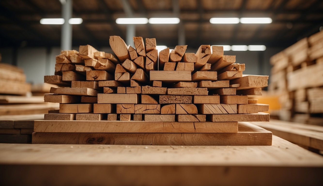 Various types of wood, such as cedar, redwood, and teak, are stacked in a workshop. Sawdust and wood shavings scatter the floor