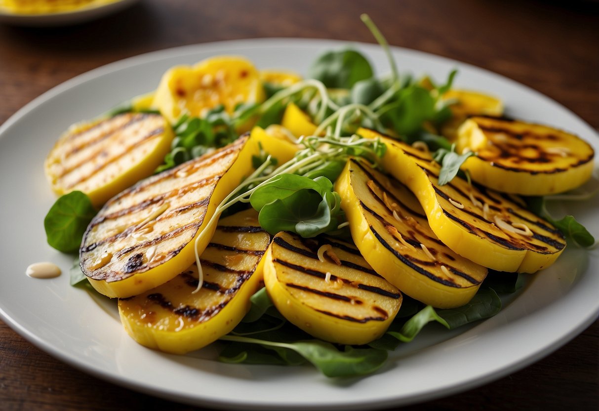 A colorful array of grilled yellow summer squash slices, mixed with fresh greens and drizzled with vinaigrette, arranged on a white plate.