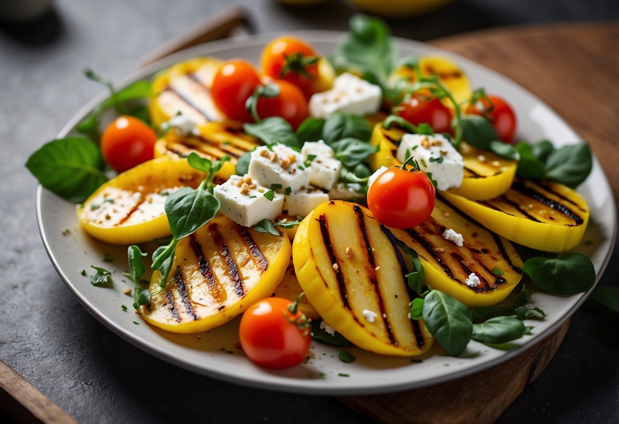 A colorful plate of grilled yellow summer squash slices, arranged with fresh greens, cherry tomatoes, and a sprinkle of feta cheese. A light vinaigrette drizzled over the top
