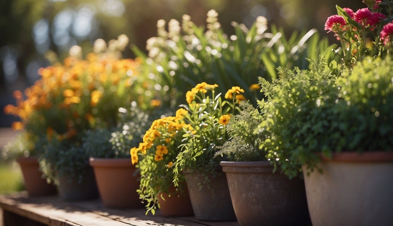 Lush green planters in Australia, filled with a variety of vibrant flowers and foliage, basking in the warm sunlight of the outback