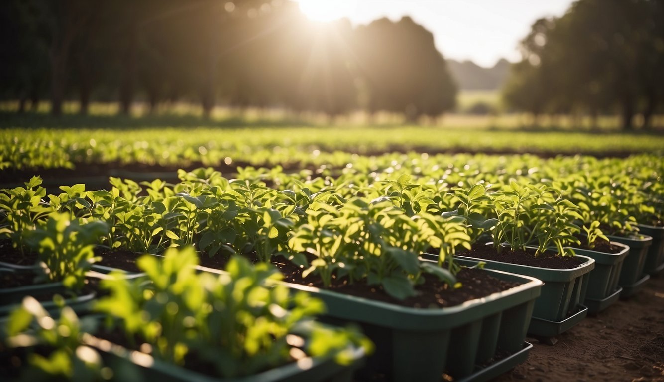 Lush green landscape with rows of planters filled with various crops under the bright Australian sun