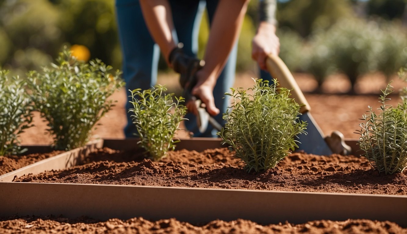 A sunny garden with red dirt, eucalyptus trees, and a person using a trowel to plant native Australian flowers in a raised planter bed