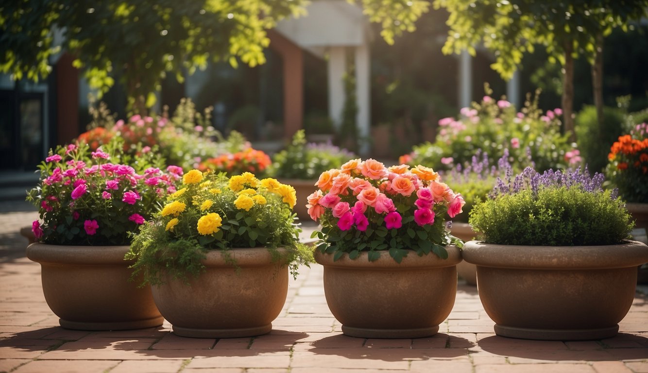 Several large garden planters filled with vibrant flowers and lush greenery, arranged in a symmetrical pattern on a sun-drenched patio