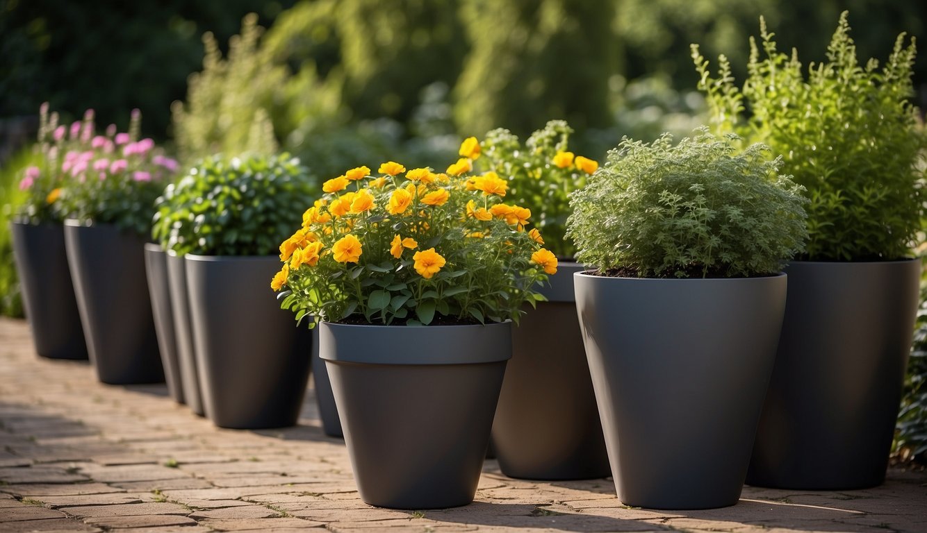 Several large garden planters arranged in a row, varying in size and shape. Some are filled with vibrant flowers, while others hold lush green foliage