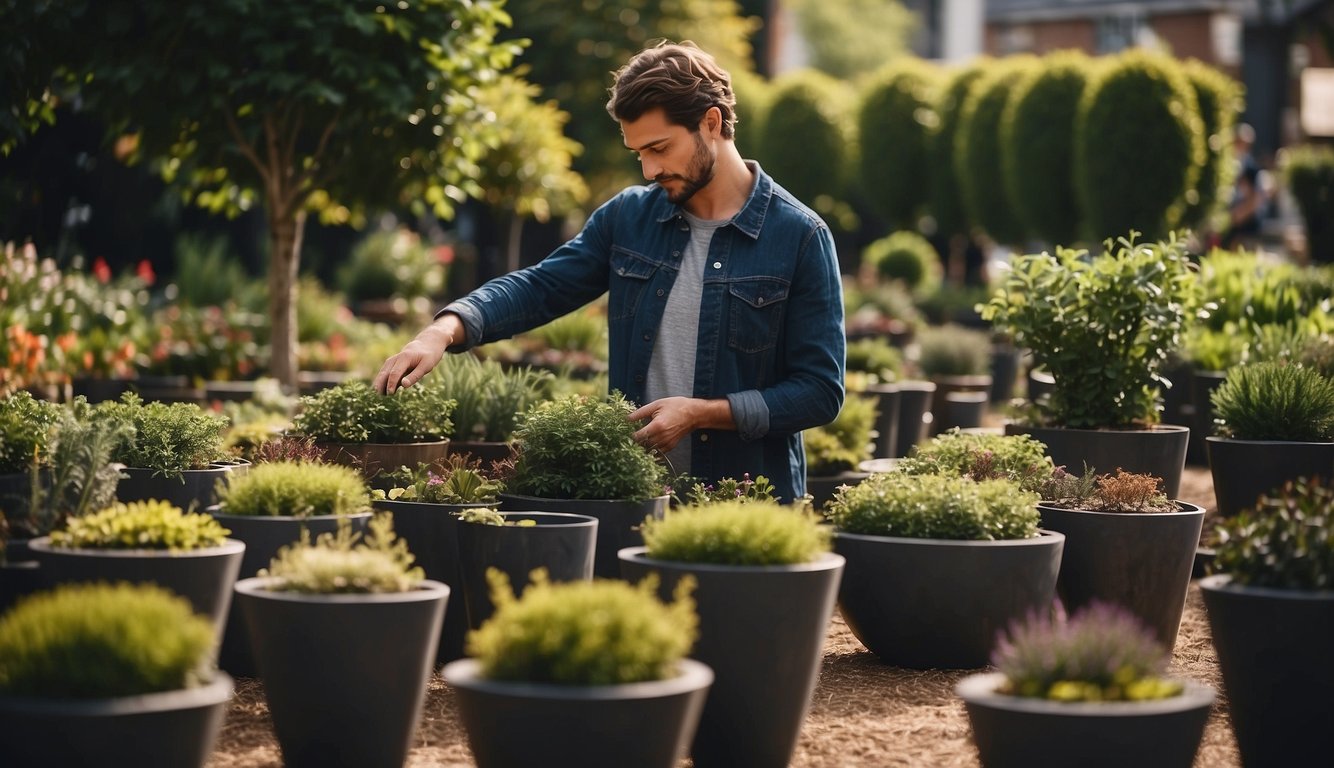 A person choosing between various sizes and shapes of large garden planters