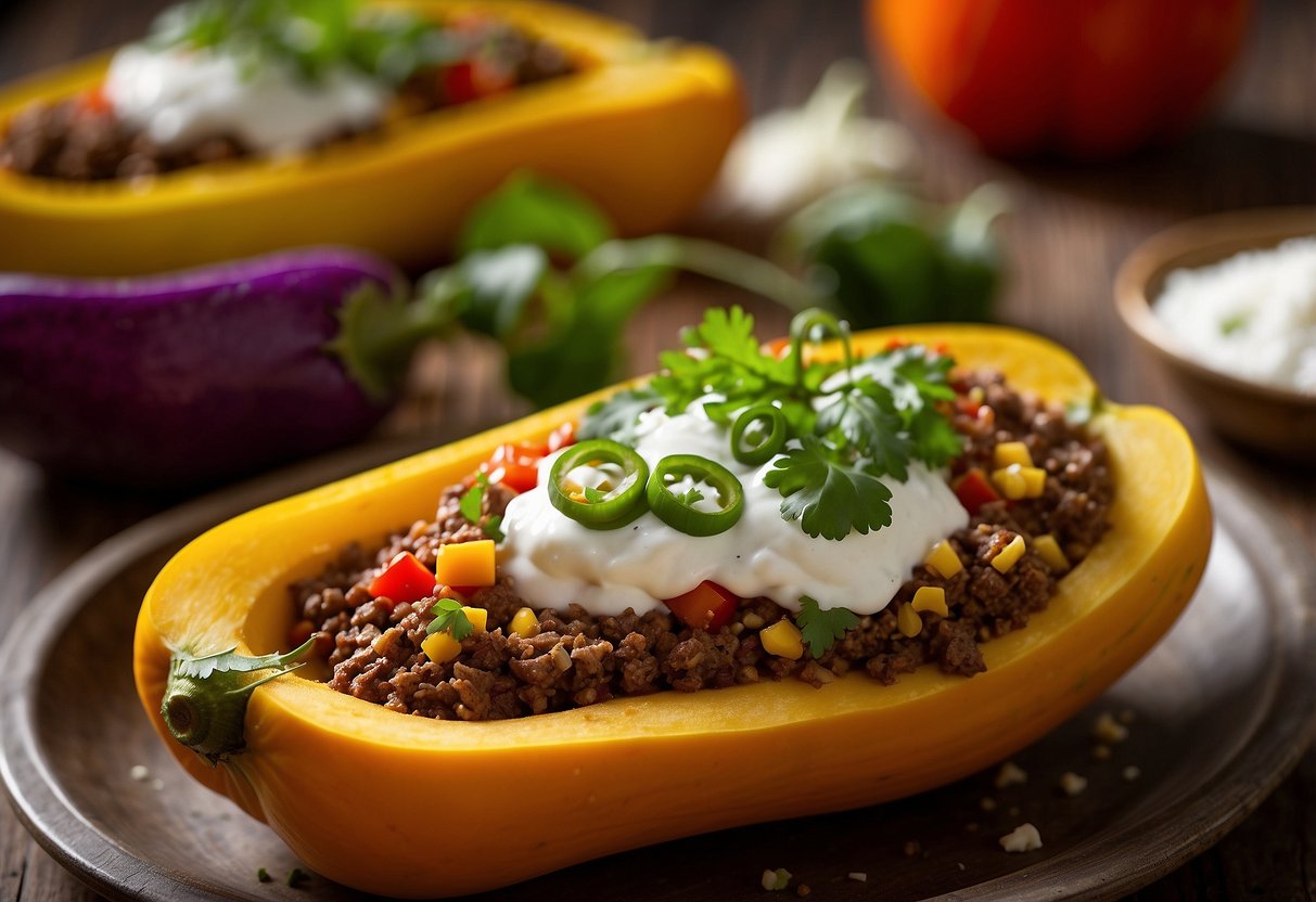 Freshly cut squash boats filled with seasoned ground beef, colorful bell peppers, and melted cheese, topped with a dollop of sour cream and a sprinkle of fresh cilantro