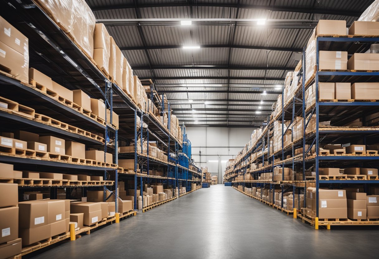 A warehouse with shelves of various-sized sealing rings, workers packaging and labeling products for shipment