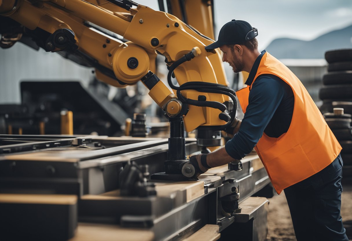 A mechanic installs a Volvo arm seal kit onto the hydraulic arm of a construction vehicle