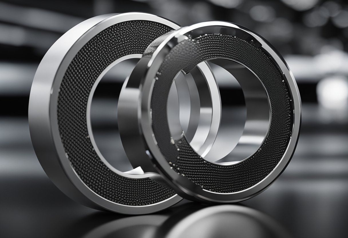 A silicon carbide wear ring sits on a metal surface, showing its hard, durable properties. Its smooth, shiny surface reflects light, and its precise dimensions convey its engineering precision