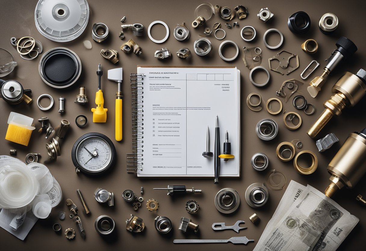 A table with seal rings and repair kits scattered around, tools and instructions nearby