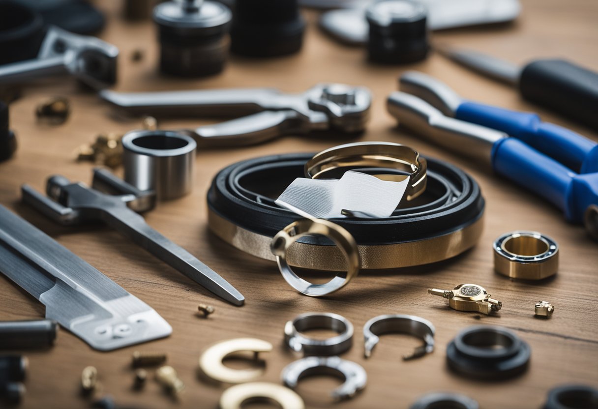 A broken seal ring lies next to a repair kit, with tools and components scattered around on a workbench