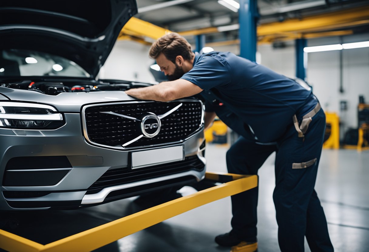 A seal kit is being installed on a Volvo vehicle by a mechanic in a well-lit garage