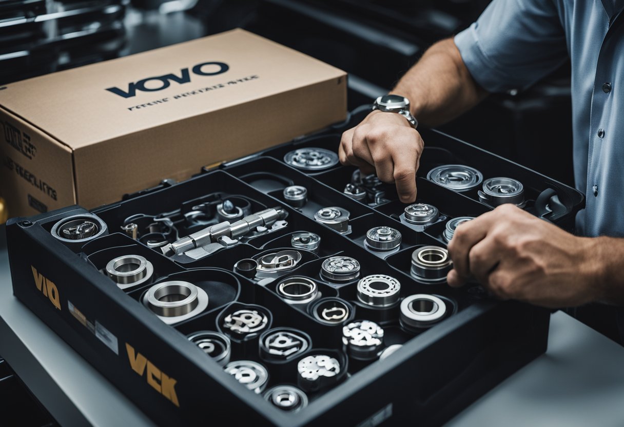 A mechanic opening a box of various Volvo seal kits, with different sizes and types neatly organized on a workbench