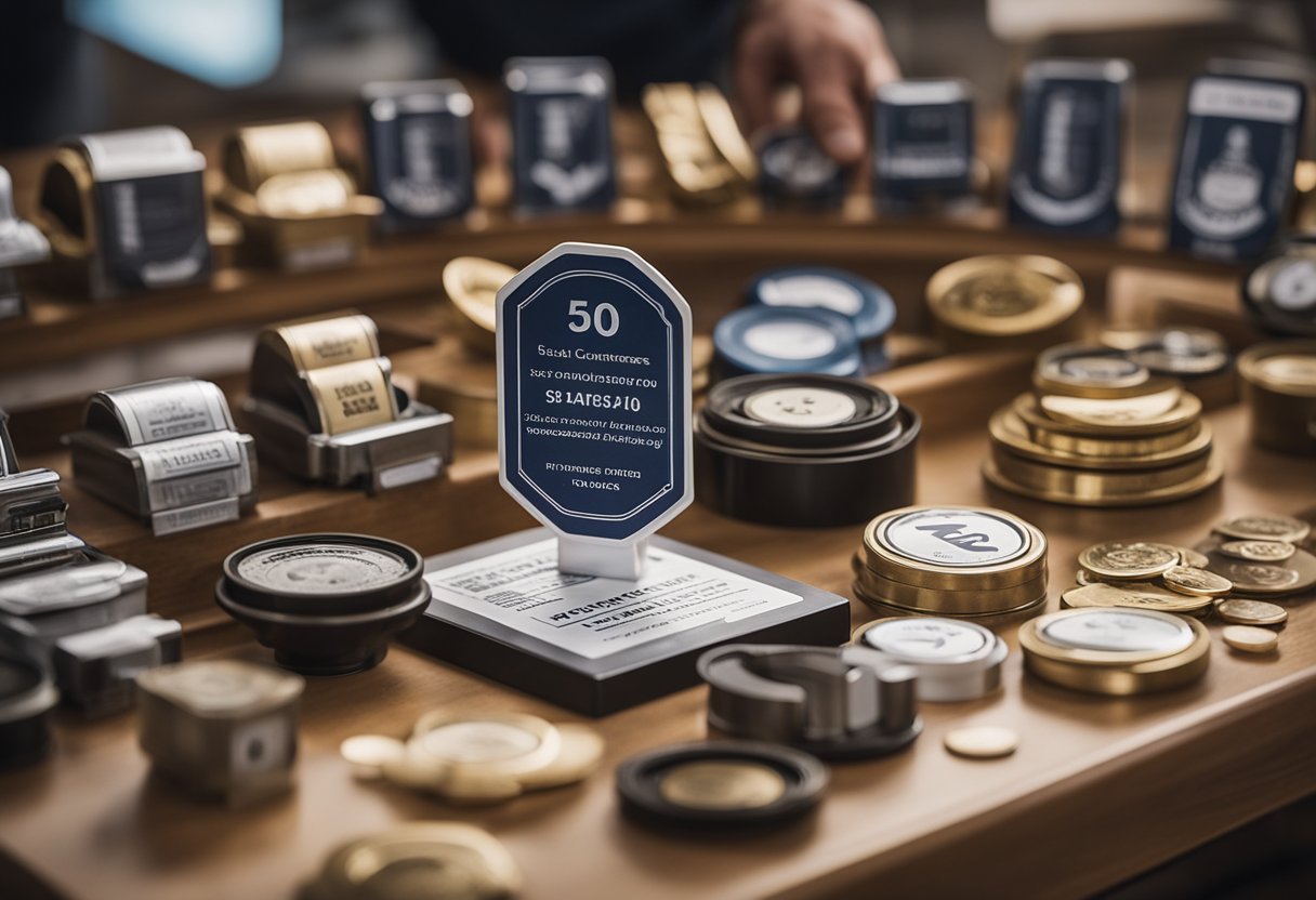 A table displaying various rotary seals with a sign indicating a sale. Customers browse the selection while a salesperson assists nearby