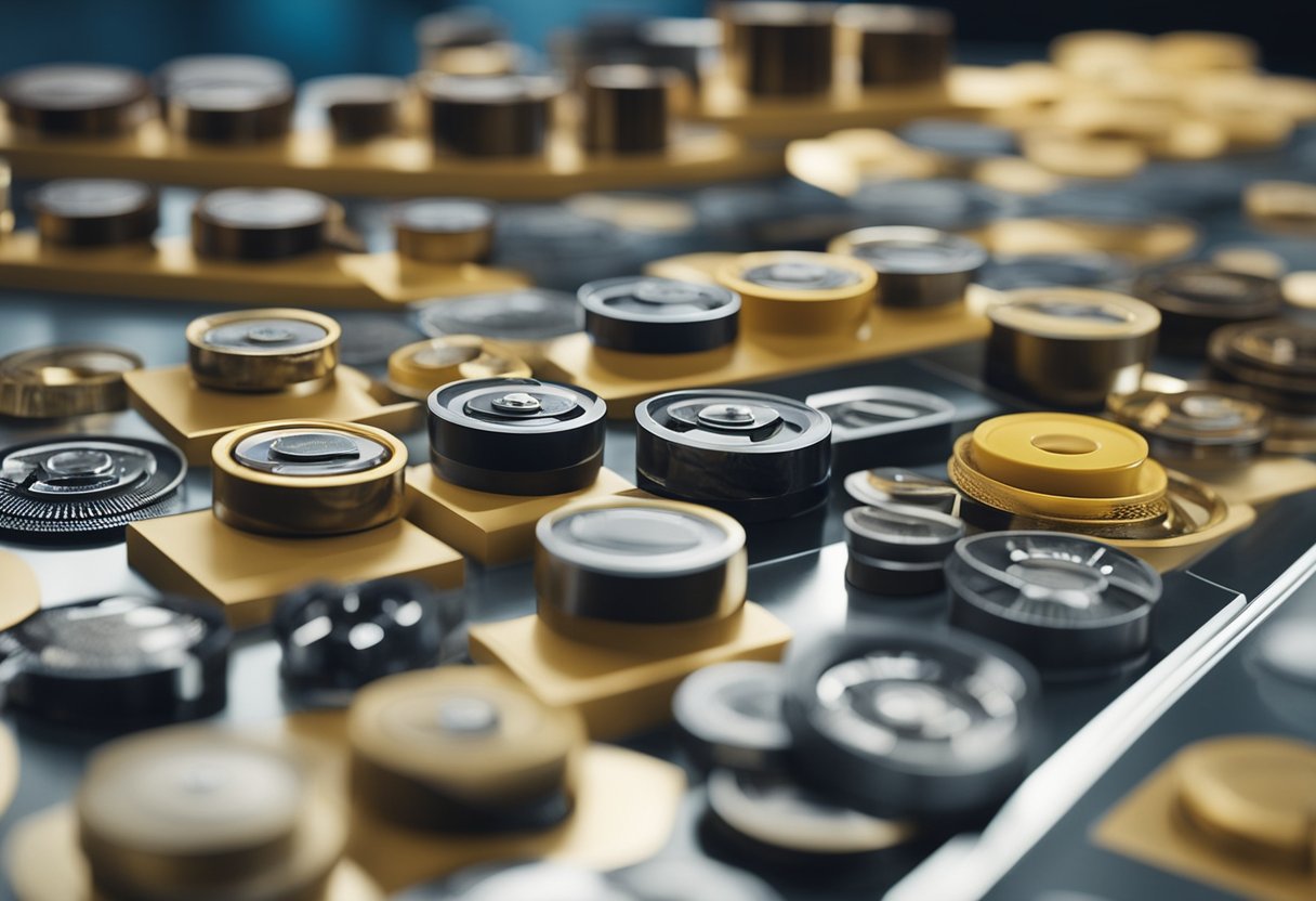 A display of various rotary seals on a sales table, with a sales representative explaining the products to a group of interested customers