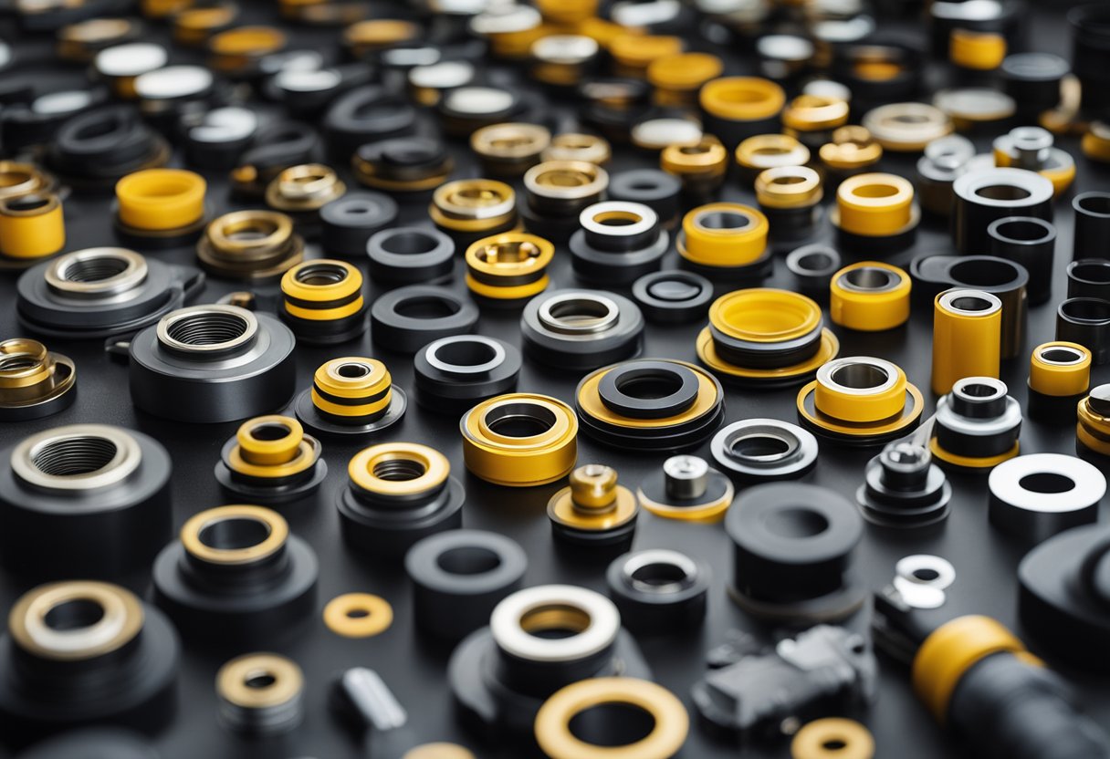 Several types of rod seals and buffer seals arranged in a row, with various sizes and shapes, surrounded by machinery parts