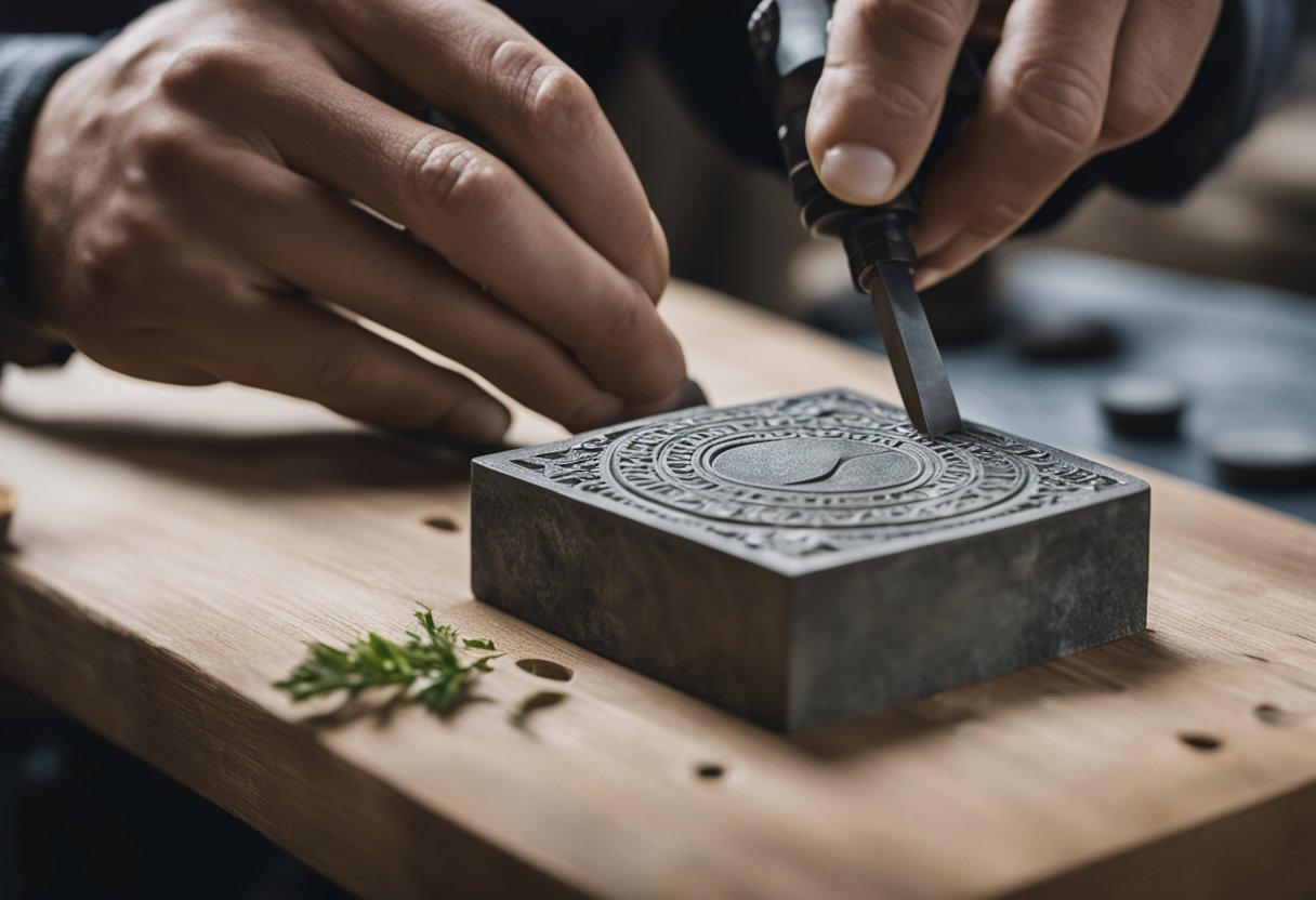 A seal maker carefully carves a design into a block of stone