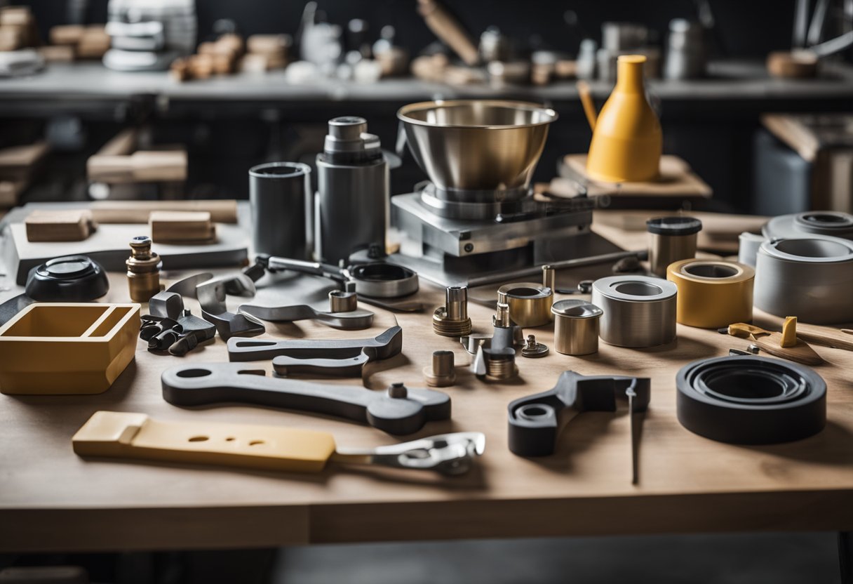 A table with various tools and materials for making PU seals, including molds, mixing equipment, and finished products