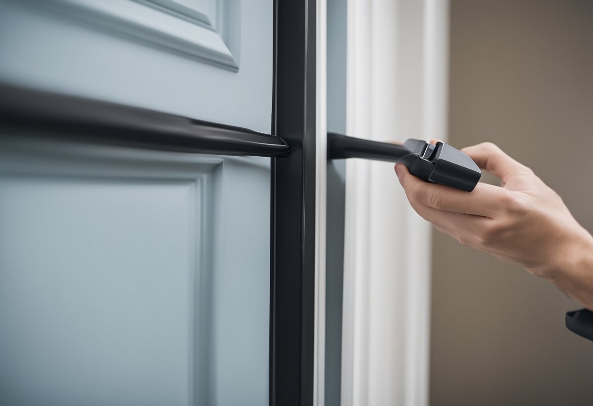 A rubber seal being applied to a door frame, sealing the gap between the door and the frame