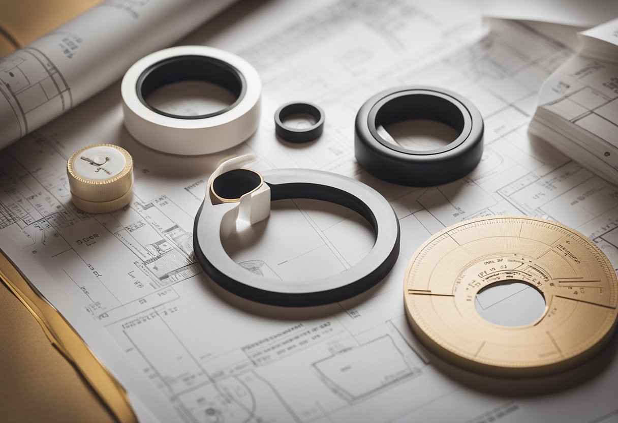 A ptfe backup guider ring rests on a smooth surface, surrounded by technical drawings and material samples